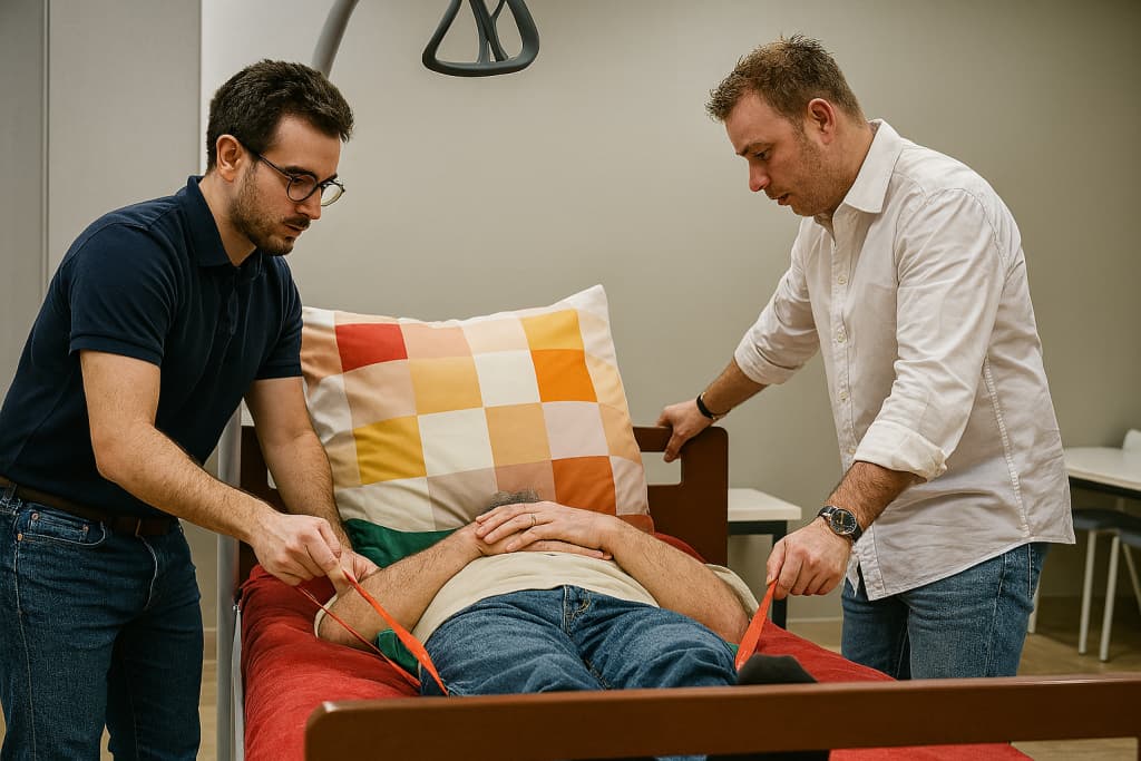 formation-gestes-postures-assistance-patient Deux formateurs aidant un patient sur un lit